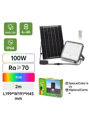Projetor solar LED RGB de 100 W com painel de 2 m – IP66 para uso externo com controle remoto.
