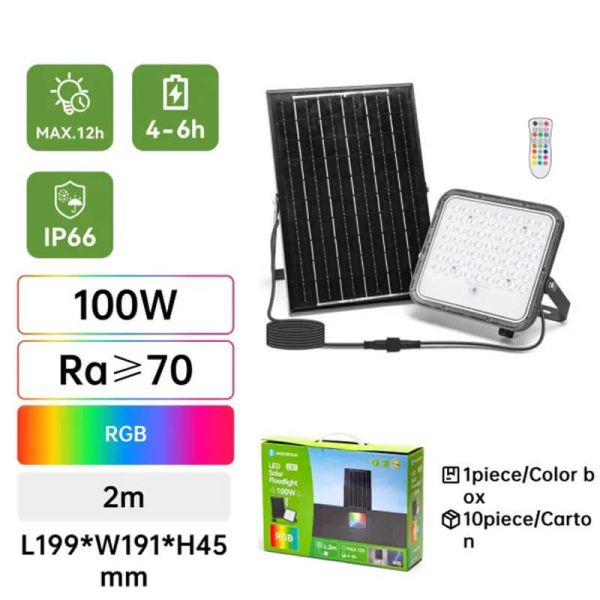Proyector Solar LED RGB 100W con Panel 2m – IP66 Exterior con Mando