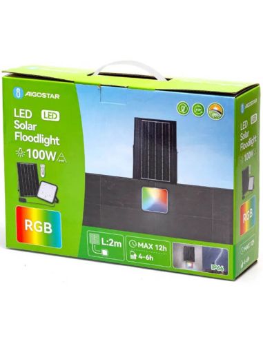 Caixa de projetor solar LED RGB de 100 W com painel de 2 m – IP66 para uso externo com controle remoto