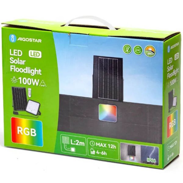 Caixa de projetor solar LED RGB de 100 W com painel de 2 m – IP66 para uso externo com controle remoto