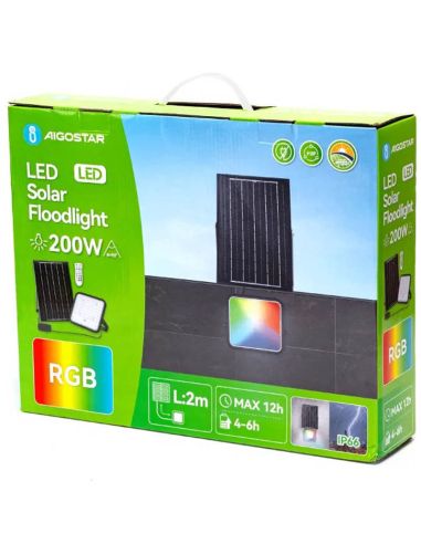 Caixa de projetor solar LED RGB de 200 W com painel de 2 m – IP66 para uso externo com controle remoto