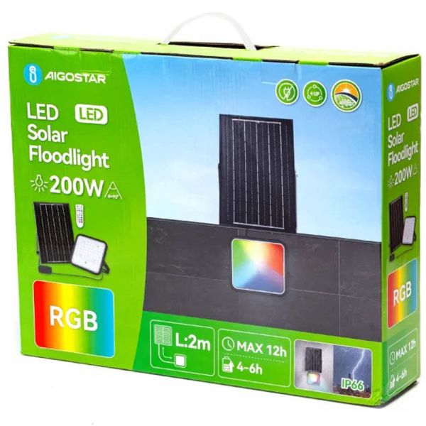 Caixa de projetor solar LED RGB de 200 W com painel de 2 m – IP66 para uso externo com controle remoto