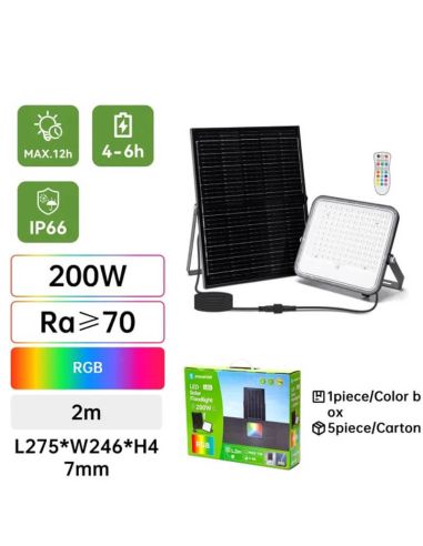 Detalles Proyector Solar LED RGB 200W con Panel 2m – IP66 Exterior con Mando