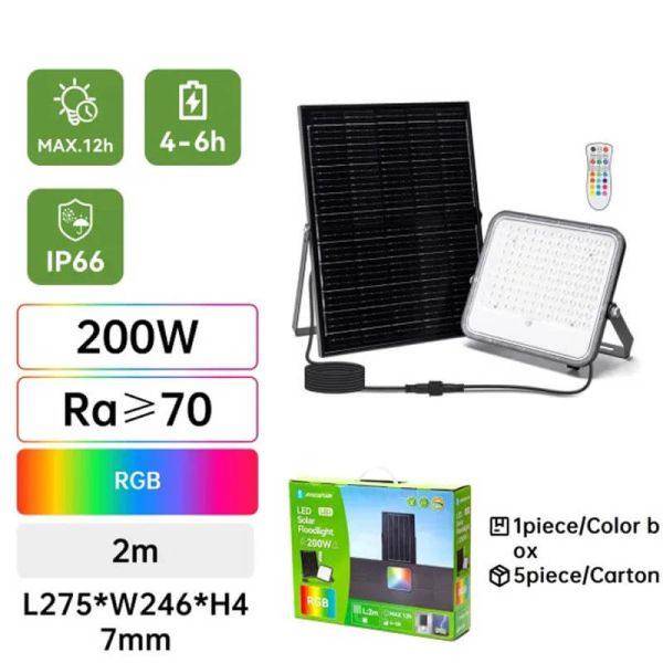 Detalles Proyector Solar LED RGB 200W con Panel 2m – IP66 Exterior con Mando