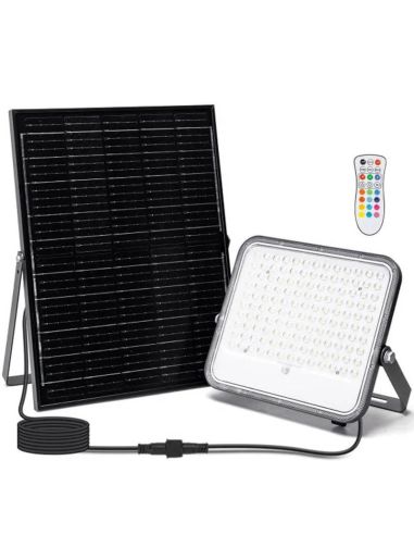 Projetor solar LED RGB de 200 W com painel de 2 m – IP66 para uso externo com controle remoto.