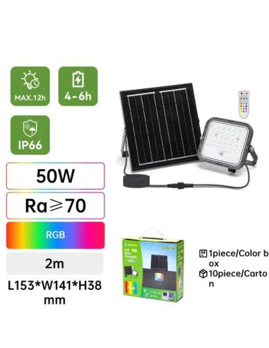 Projetor solar LED RGB de 50 W com painel de 2 m – IP66 para uso externo com controle remoto.