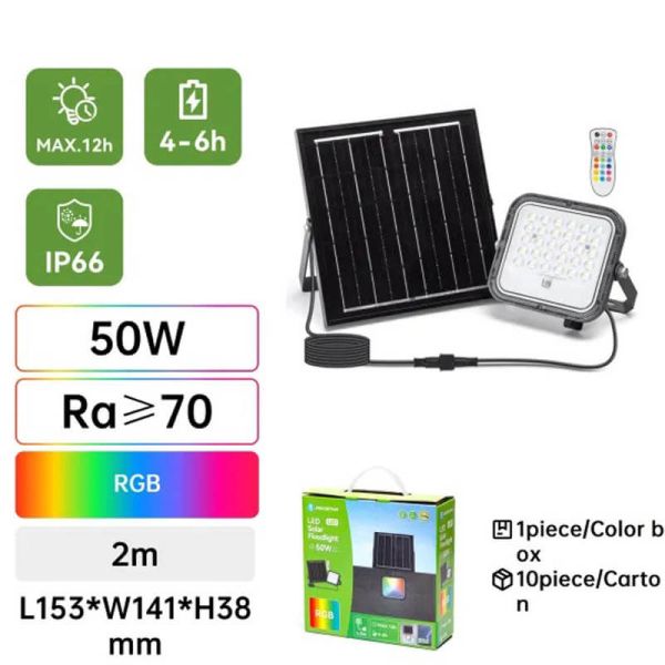 Projetor solar LED RGB de 50 W com painel de 2 m – IP66 para uso externo com controle remoto.