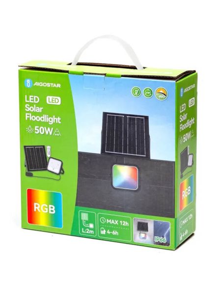 Caja Proyector Solar LED RGB 50W con Panel 2m – IP66 Exterior con Mando