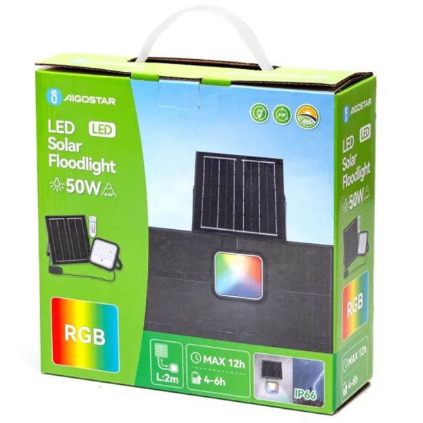 Caja Proyector Solar LED RGB 50W con Panel 2m – IP66 Exterior con Mando