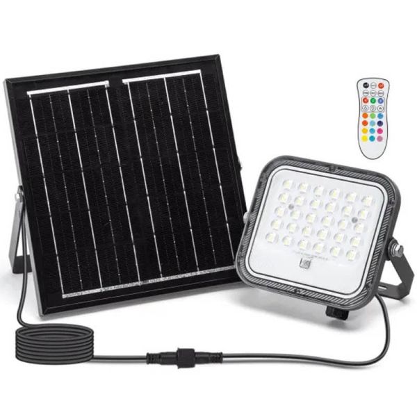 Projetor solar LED RGB de 50 W com painel de 2 m – IP66 para uso externo com controle remoto.