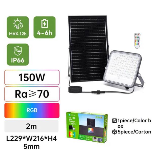 Proyector Solar LED RGB 150W con Panel 2m – IP66 Exterior con Mando