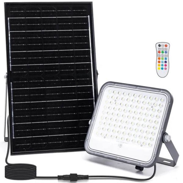 Projetor solar LED RGB de 150 W com painel de 2 m – IP66 para uso externo com controle remoto.