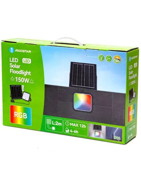 Caja Proyector Solar LED RGB 150W con Panel 2m – IP66 Exterior con Mando