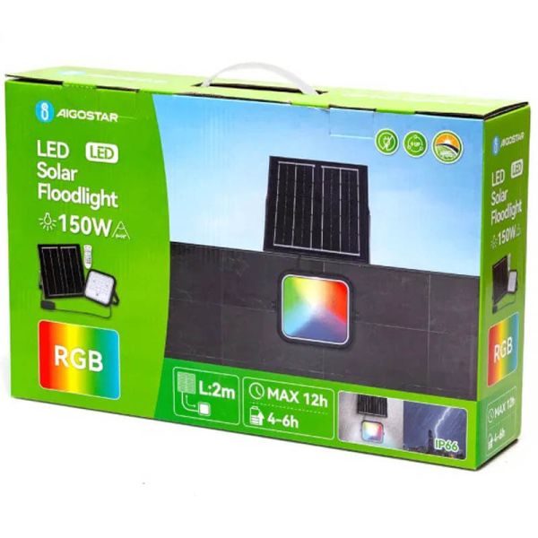 Caixa de projetor solar LED RGB de 150 W com painel de 2 m – IP66 para uso externo com controle remoto