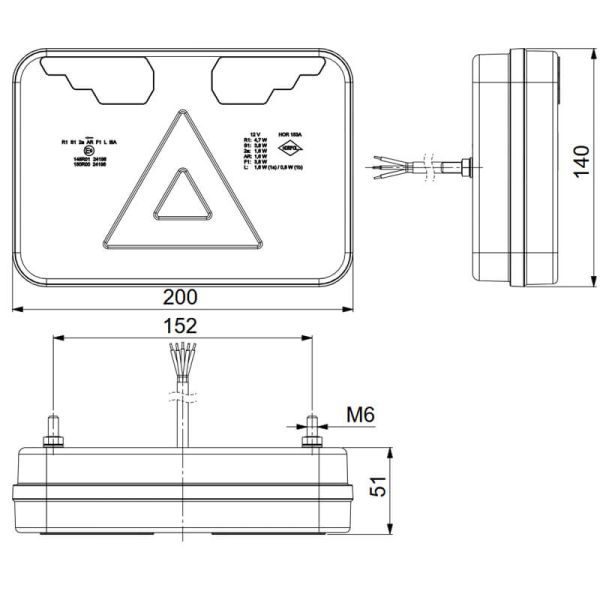 Dimensions du feu arrière LED HORUS LZD 3215/3216 - 7 fonctions 12V Néon (côté gauche, côté droit ou paire)