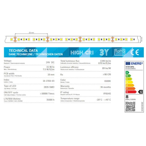 Ficha técnica Tira LED Profesional PROFI 24V 15W/m 240LED/m CRI90 IP65HS Rollo 5 Metros