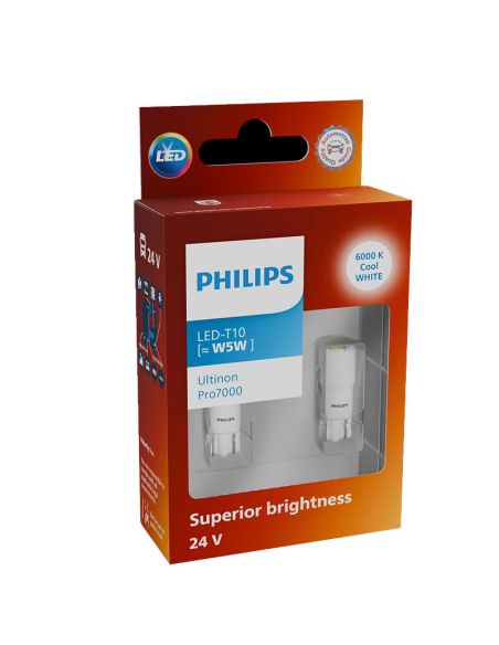 Ampoules LED Philips Ultinon Pro7000 W5W T10 24V 6000K pour feux de signalisation de camions, lot de 2