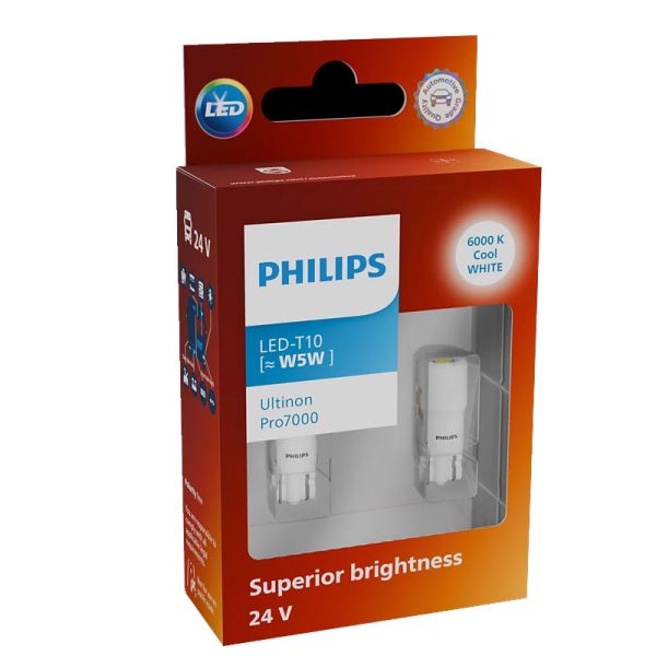 Bombilla LED de señalización para camión W5W T10 24V 6000K Philips Ultinon Pro7000, Pack 2
