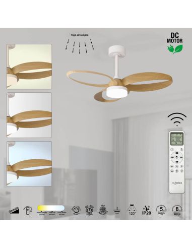 Ficha de producto Ventilador de Techo DC INFINITY Blanco y Madera 92cm LED 20W Regulable CCT