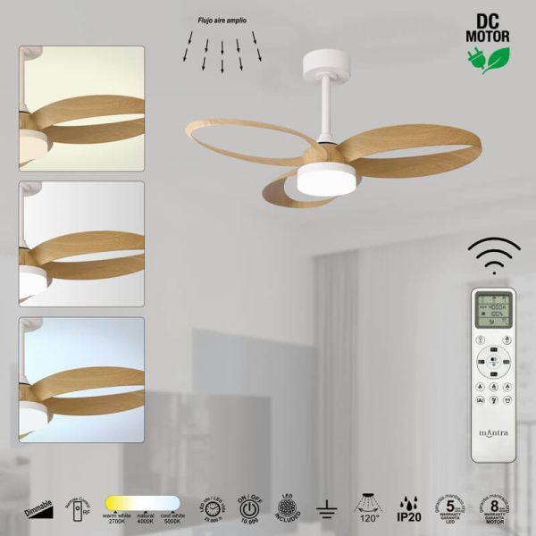Ficha de producto Ventilador de Techo DC INFINITY Blanco y Madera 92cm LED 20W Regulable CCT