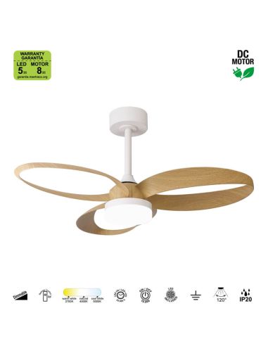 Ventilateur de plafond DC INFINITY : spécifications, blanc et bois, 92 cm, LED, 20 W, intensité variable, CCT