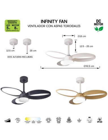 Ventilateur de plafond DC INFINITY, série Blanc et Bois, 92 cm, LED 20 W, intensité variable, CCT