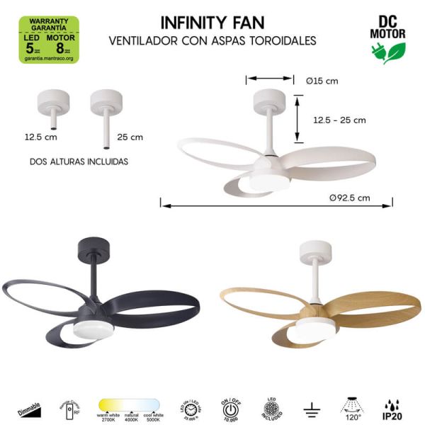 Ventoinha de teto DC INFINITY Série Branco e Madeira 92cm LED 20W Regulável CCT