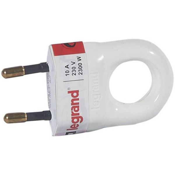 Plugue de 2 pinos, 10 A, com anel de puxar branco, tomada reta/lateral.