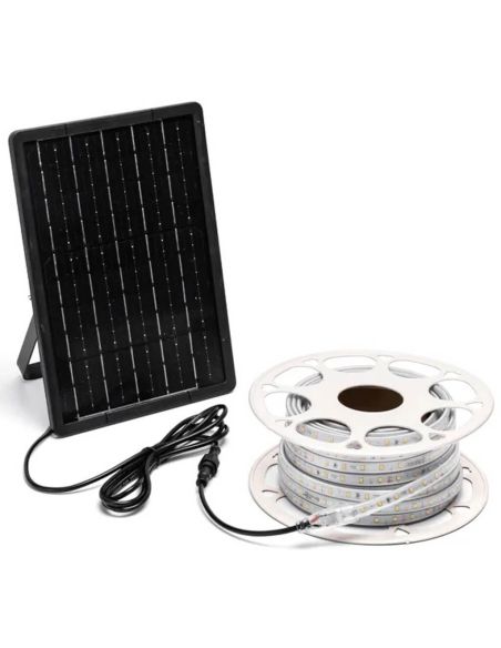 Bande LED solaire 20 m 200 W IP65, blanc froid 6500 K, avec panneau monocristallin et télécommande
