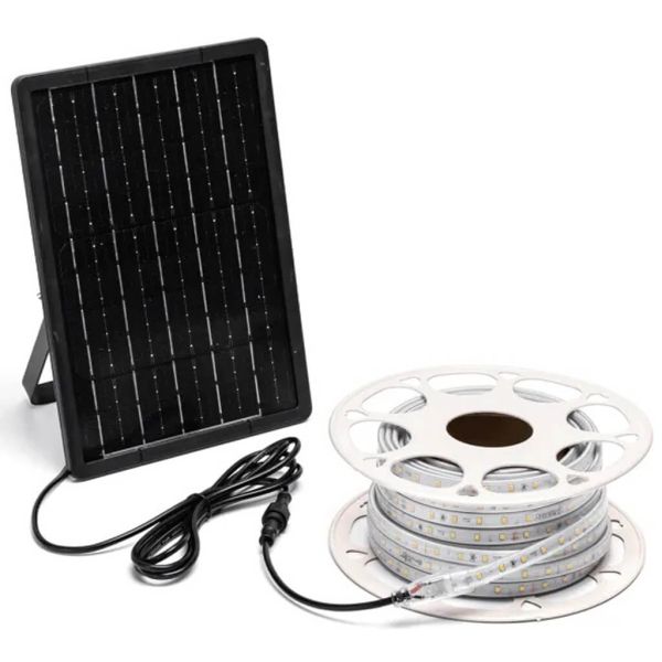 Tira LED Solar 20m 200W IP65 Luz Fría 6500K con Panel Monocristalino con mando a distancia