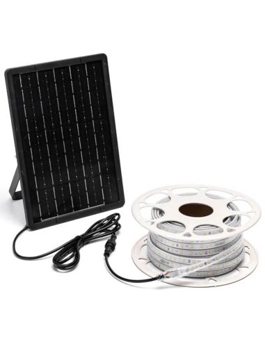 Fita de LED solar de 20m, 200W, IP65, branco quente 2700K, com painel monocristalino e controle remoto.