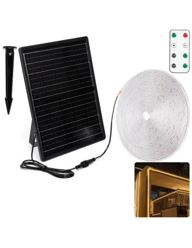 Fita de LED solar de 20m, 200W, IP65, branco quente 2700K, com painel monocristalino e controle remoto.