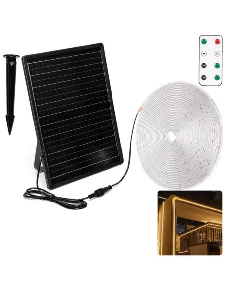 Fita de LED solar de 20m, 200W, IP65, branco quente 2700K, com painel monocristalino e controle remoto.