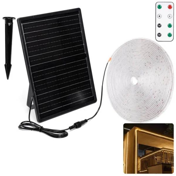 Bande LED solaire 20 m 200 W IP65, blanc chaud 2700 K, avec panneau monocristallin et télécommande