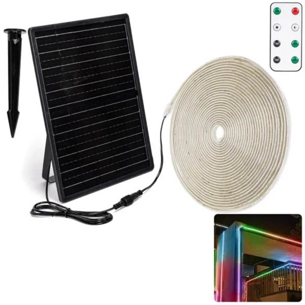 Bande LED solaire extérieure RGB de 20 m, étanche IP65, avec panneau monocristallin et batterie de 20 000 mAh