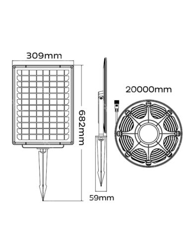 Dimensions de la bande LED solaire extérieure RGB IP65 de 20 m avec panneau monocristallin et batterie de 20 000 mAh
