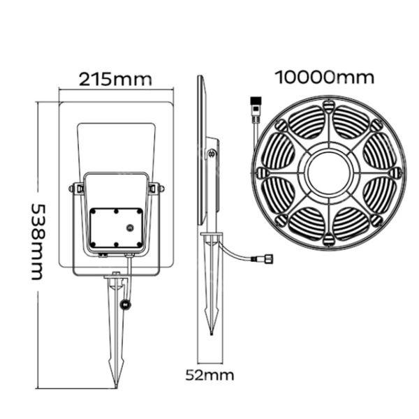 Dimensions de la bande LED solaire extérieure RGB IP65 100 W de 10 m avec panneau et batterie