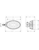Dimensions : Projecteur de travail ovale à LED 56 W 5 320 lm IP69K, connecteur Deutsch, montage latéral ou inférieur