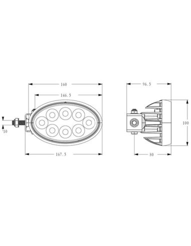 Medidas Faro de Trabajo LED Ovalado 56W 5320lm IP69K Conector Deutsch soporte lateral o inferior
