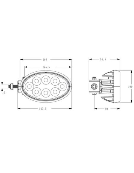 Medidas Faro de Trabajo LED Ovalado 56W 5320lm IP69K Conector Deutsch soporte lateral o inferior
