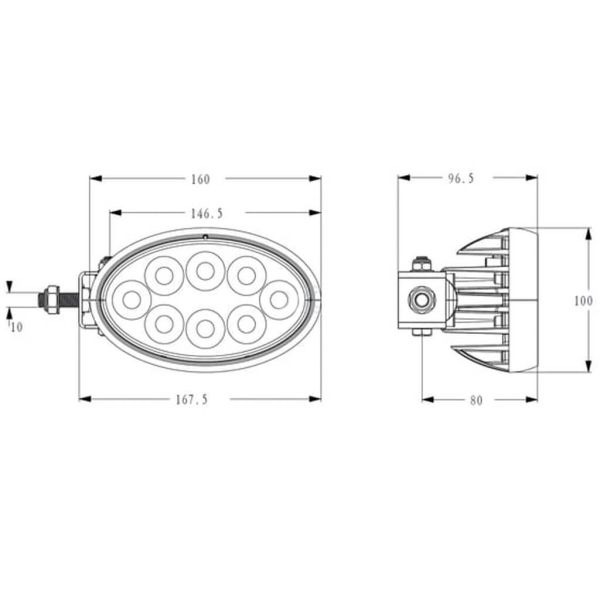 Dimensões: Farol de trabalho LED oval 56W 5320lm IP69K, conector Deutsch, montagem lateral ou inferior