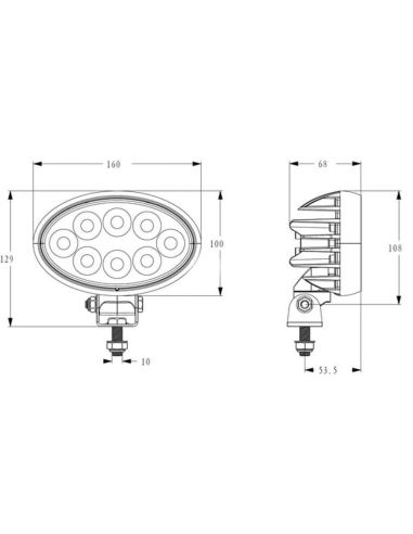 Medidas Faro de Trabajo LED Ovalado 56W 5320lm IP69K Conector Deutsch soporte lateral o inferior