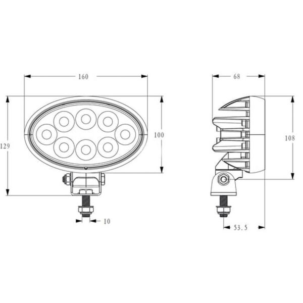 Dimensions : Projecteur de travail ovale à LED 56 W 5 320 lm IP69K, connecteur Deutsch, montage latéral ou inférieur