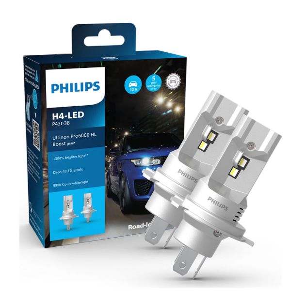Kit de lâmpadas LED PHILIPS ULTINON PRO6000 HL BOOST H4 12V 5800K +300% Homologado