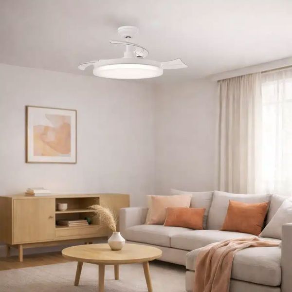 Ventilateur de plafond LED blanc TYNL 106 cm avec pales rétractables, 32 W + 35 W, 4500 lm, température de couleur réglable, int