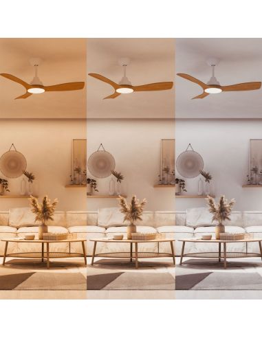 Ventilateur de plafond OLAS LED 42", blanc et bois, 106 cm, LED 24 W + 30 W, 2650 lm, CCT, intensité variable, IP20