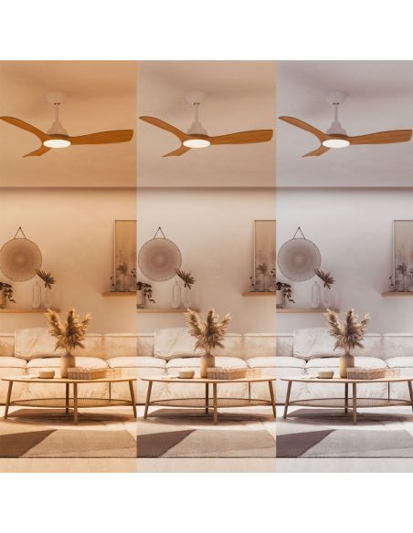 Ventilateur de plafond OLAS LED 42", blanc et bois, 106 cm, LED 24 W + 30 W, 2650 lm, CCT, intensité variable, IP20