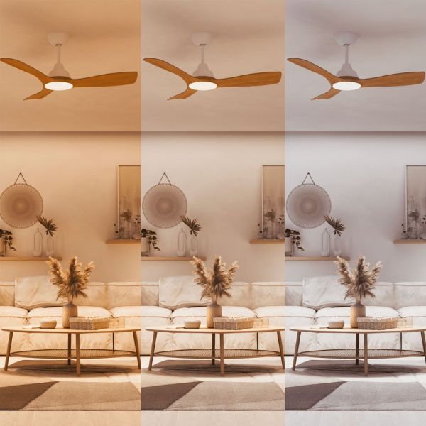 Ventilateur de plafond OLAS LED 42", blanc et bois, 106 cm, LED 24 W + 30 W, 2650 lm, CCT, intensité variable, IP20