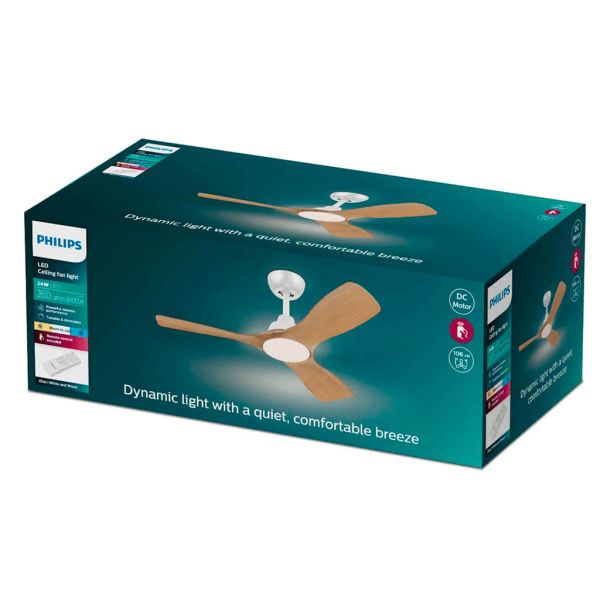 Ventoinha de teto OLAS LED de 42 polegadas, branco e madeira, 106 cm, LED 24W+30W, 2650 lm, CCT, dimerizável, IP20