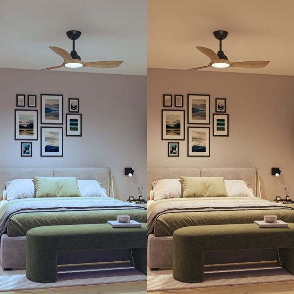 Ventoinha de teto OLAS LED de 42 polegadas, preto e madeira, 106 cm, LED 24W+30W, 2650 lm, CCT, dimerizável, IP20
